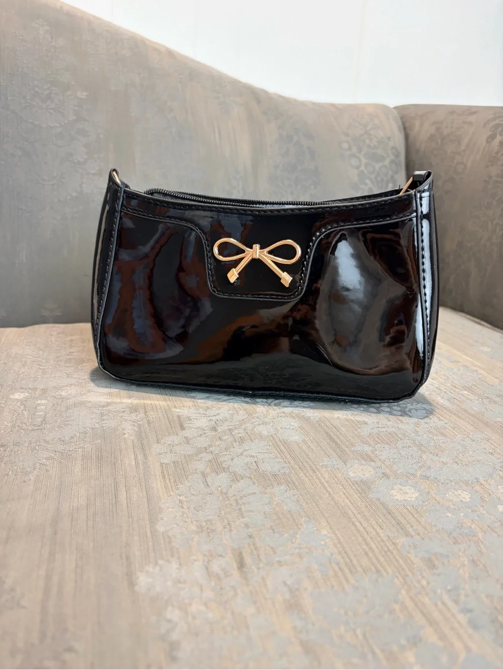 Ava Lane Patent Leather Black Mini Shoulder Bag with Gold Bow Accent - NEW
